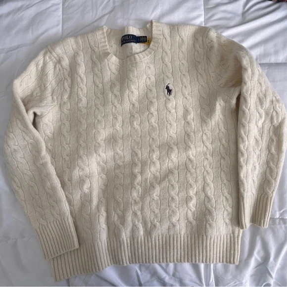 Ralph Lauren Cream Cable Knit Crewneck Sweater Women’s Large Wool Cashmere Blend - Picture 7 of 10